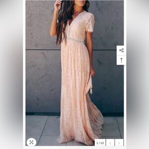 Cream beige lace boho gown lace dress V neck bridesmaid dress, prom gown S